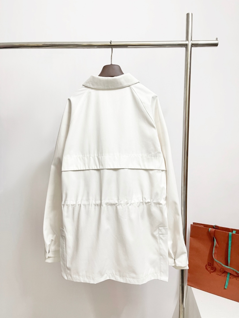 Loro Piana Turn-Collar Mid-Length Trench Coat Jacket in Pure White Cotton with Detachable Windproof Collar and Plaid Lining