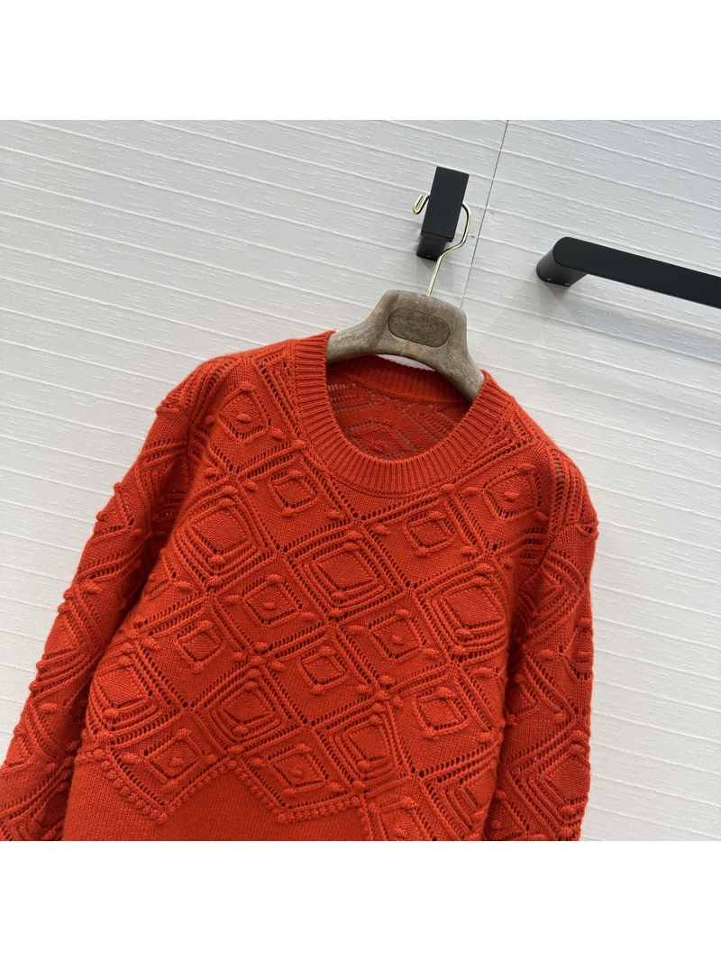 Loro Piana Red Heavy Gauge Cashmere Openwork Diamond Jacquard Crewneck Sweater