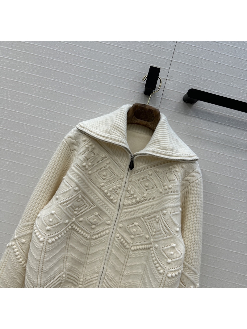 Loro Piana Cream Heavy-Gauge Cashmere Jacquard Zip Cardigan