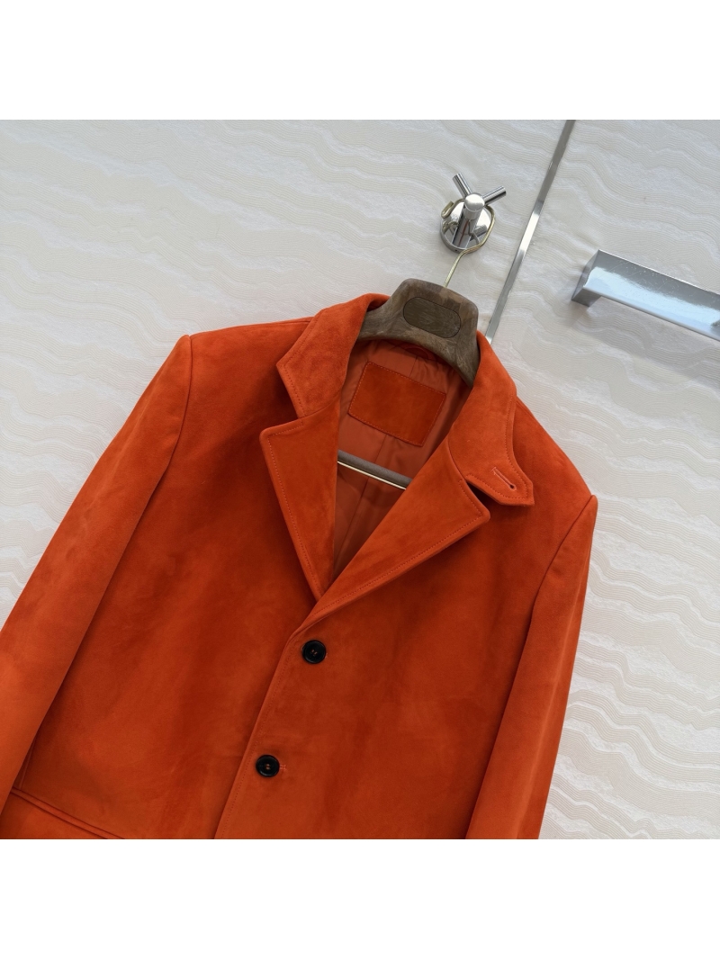 Loro Piana Opulent Pumpkin Orange Suede Lambskin Blazer Jacket | Tailored Equestrian Stand-Up Collar Design