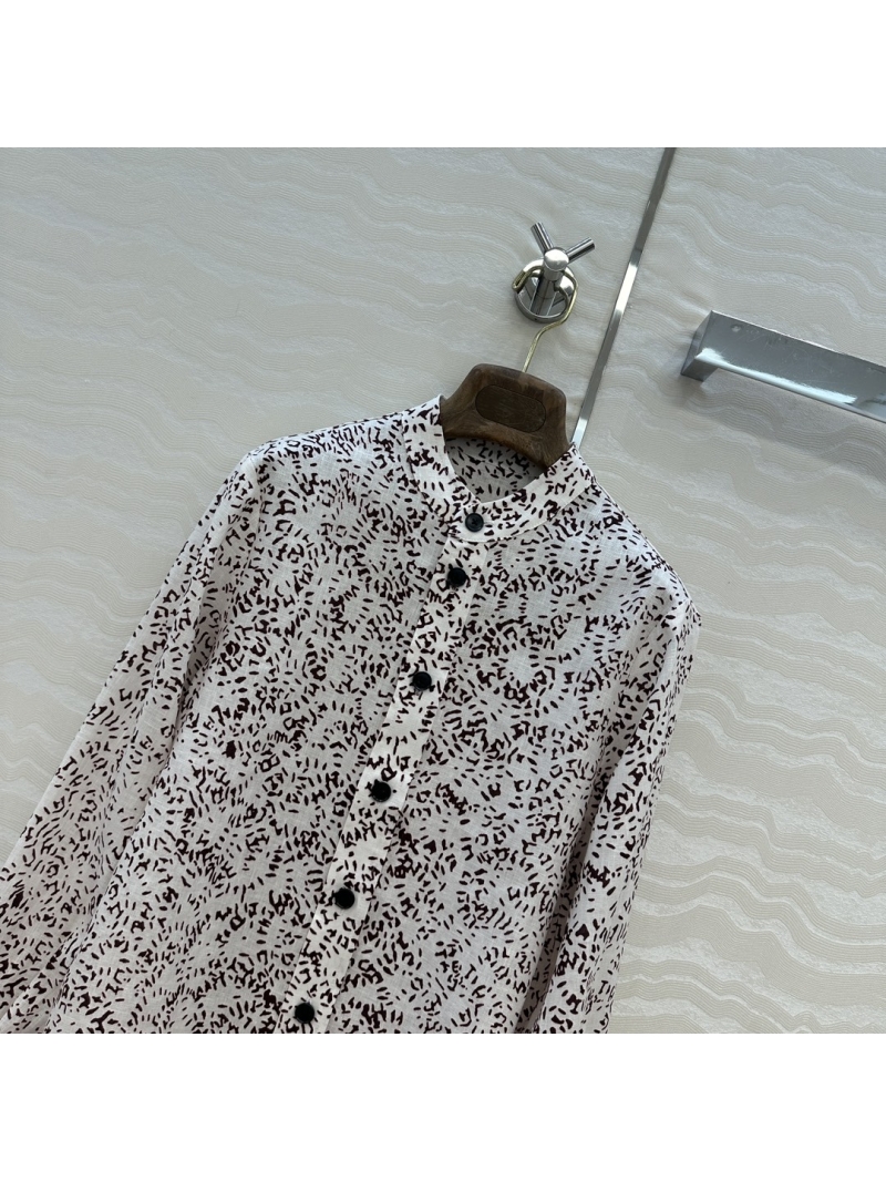 Loro Piana Thea 100% Linen Blouse with Andre Pio Fireworks Print and Elegant Round Collar, Ivory/Maroon