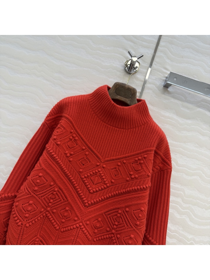 Loro Piana 100% Cashmere Diamond Relief Jacquard Semi-High Neck Sweater in Red