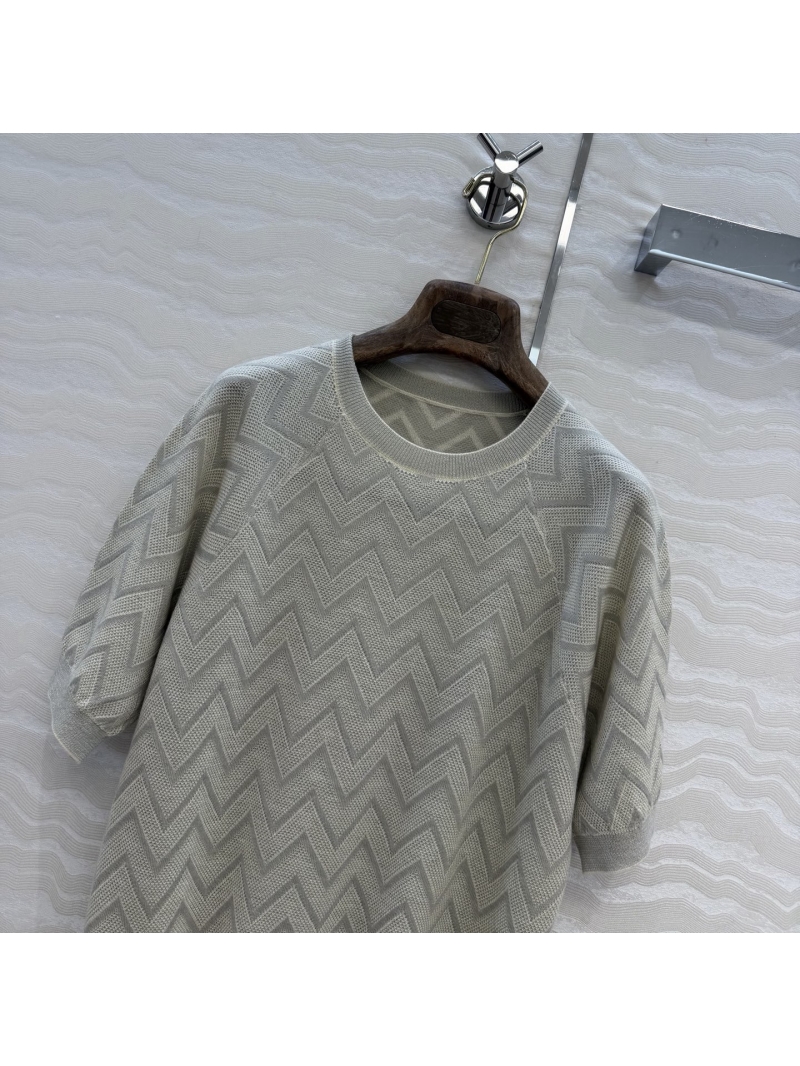 Loro Piana Wavy Geometric Jacquard Cashmere and Silk Short-Sleeve Knit Top