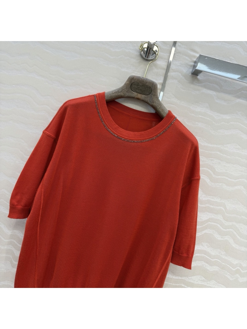 Loro Piana Exquisite Silk-Cashmere Bead-Embroidered Knit Top in Terracotta