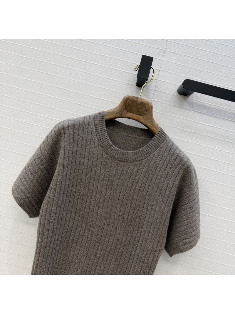 Loro Piana Sumptuous Cashmere Wool Blend 18-Gauge Ribbed Knit Crew Neck Short Sleeve Sweater in Taupe