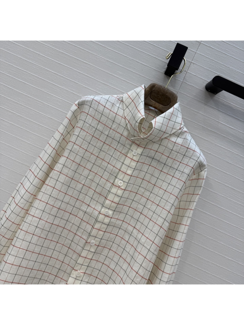 Loro Piana Classic Check Print 100% Linen Shirt in Cream and Terracotta