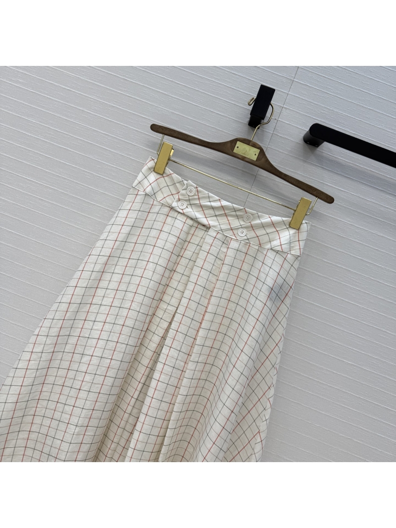 Loro Piana Exquisite 100% Linen Plaid Umbrella Midi Skirt in Terracotta and Cream