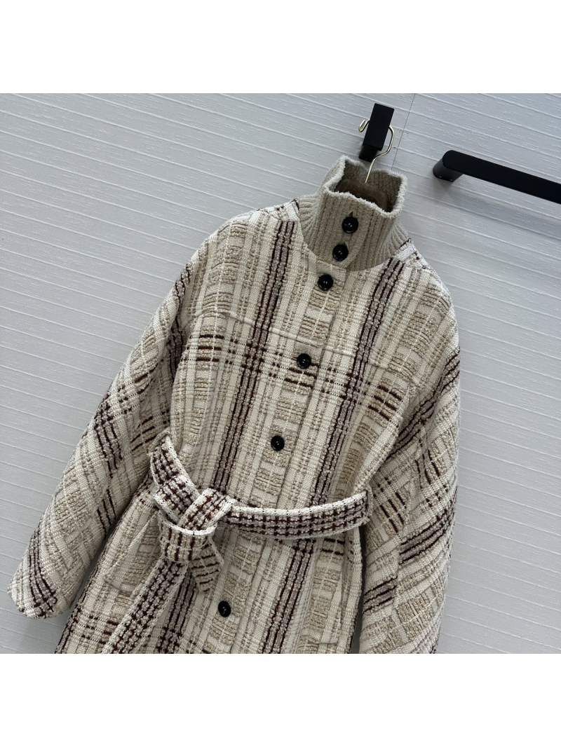 Loro Piana Stefanie Plaid Wool Tweed Ribbed Collar Coat
