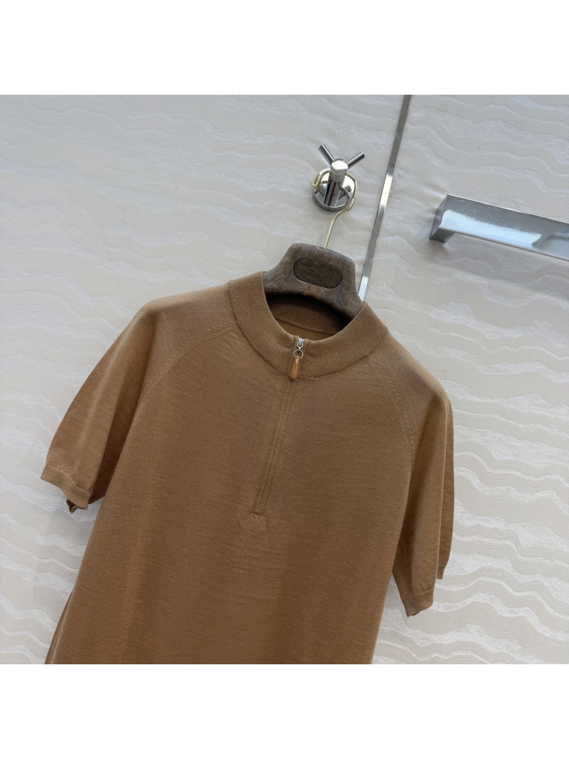 Loro Piana Silk & Wool 18-Gauge Knit Half-Zip Short-Sleeved Top in Camel