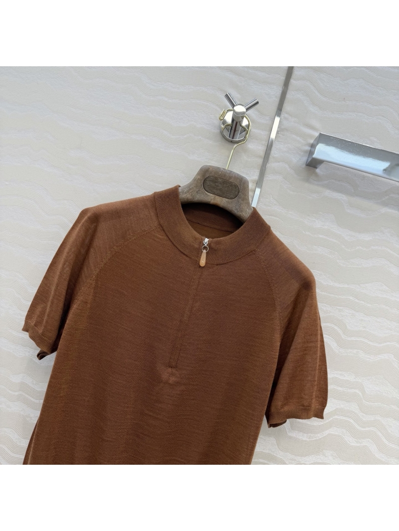 Loro Piana Sumptuous Silk-Wool Blend Half-Zip Knit Top in Tobacco Brown