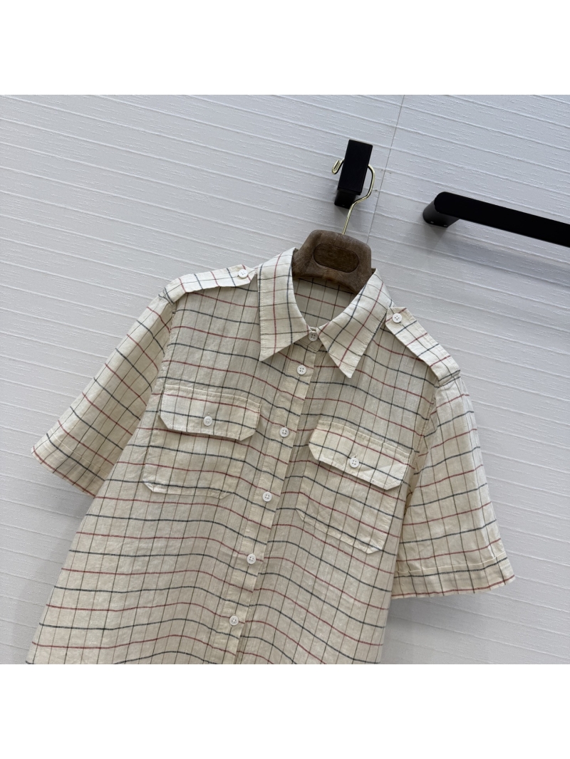 Loro Piana 100% Linen Plaid Short-Sleeved Utility Shirt