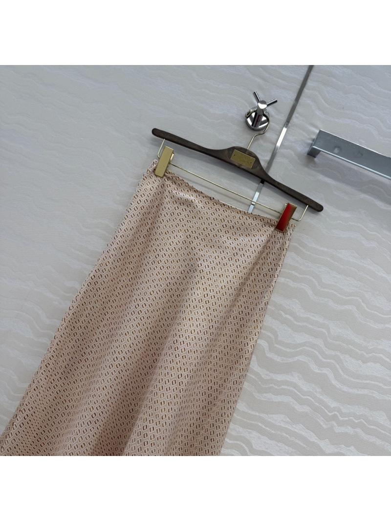 Loro Piana Erika 100% Silk Crepe de Chine Geometric Print A-Line Midi Skirt in Beige