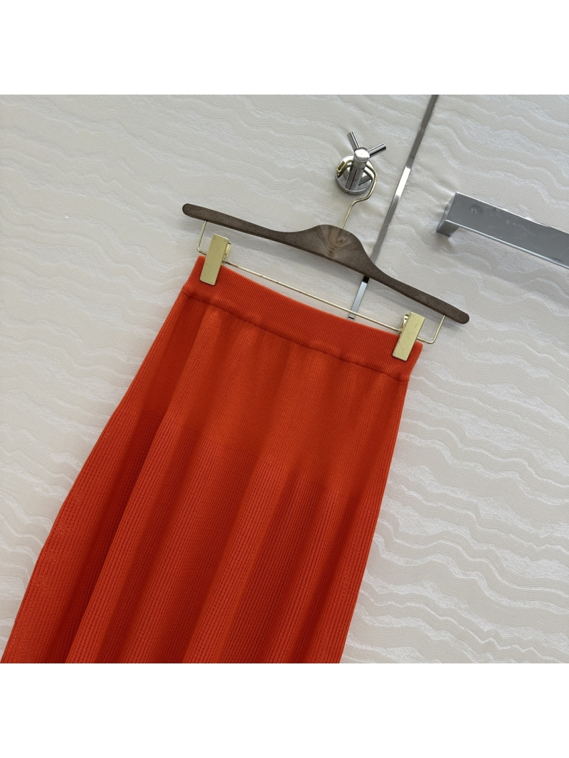 Loro Piana Silk-Cotton Blend Hollow-Out Knitted Midi Skirt in Hermes Orange
