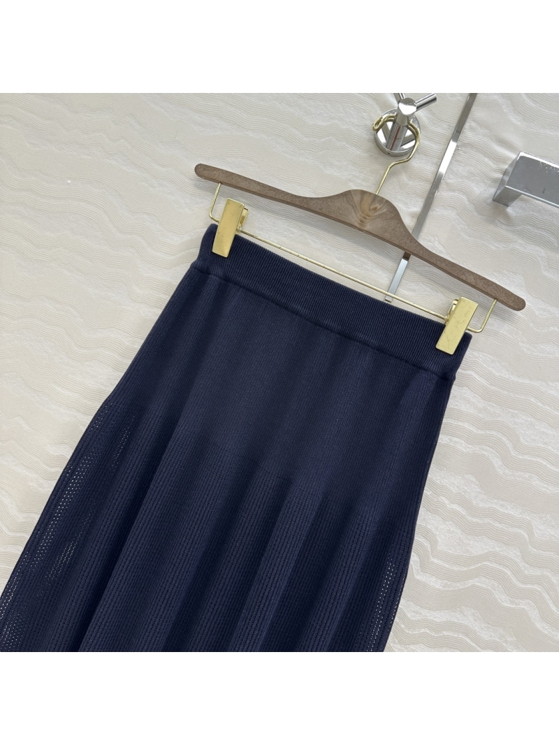 Loro Piana Silk-Cotton Blend Pointelle Knitted Midi Skirt in Navy Blue