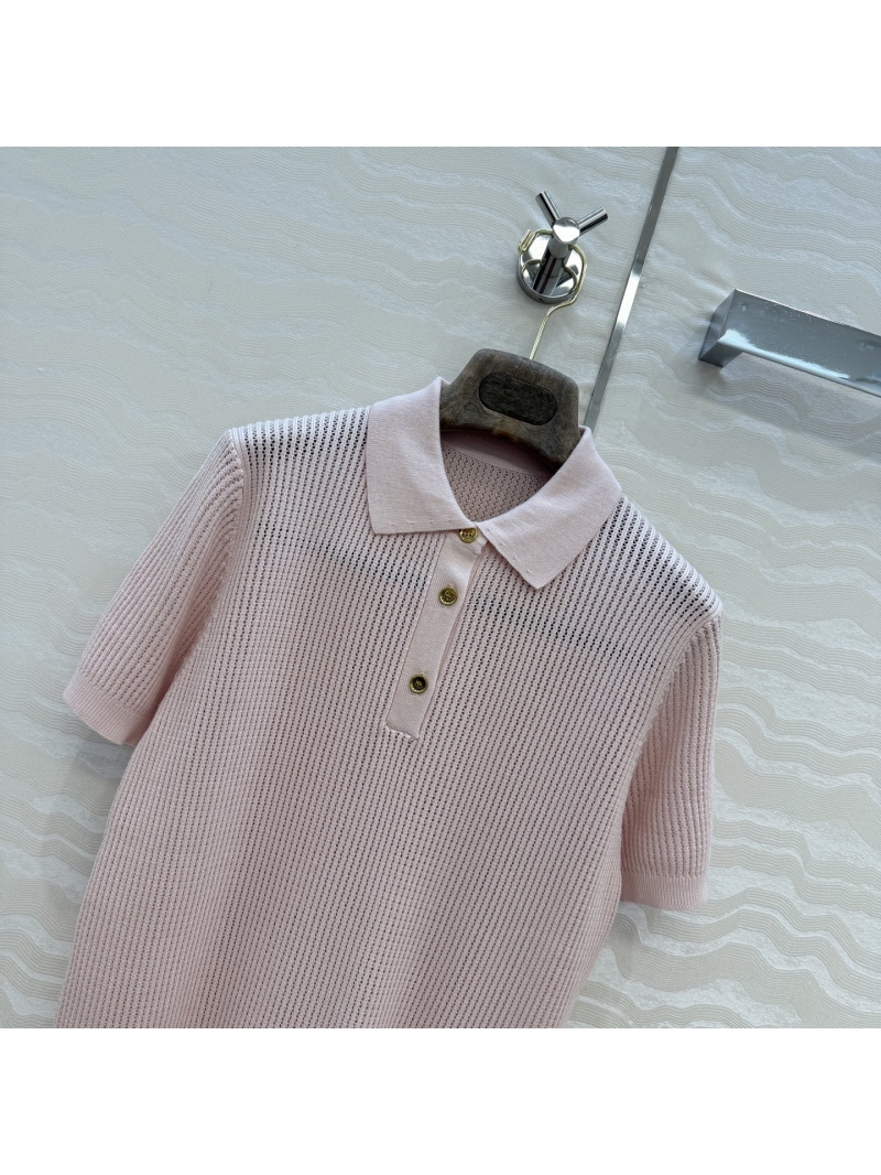 Loro Piana Premium Silk-Cotton Pointelle Knit Polo Top in Powder Pink