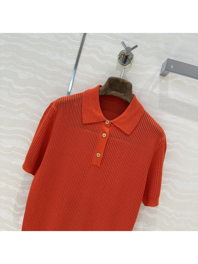 Loro Piana Silk-Cotton Pointelle Knit Polo Shirt in Vermilion Orange