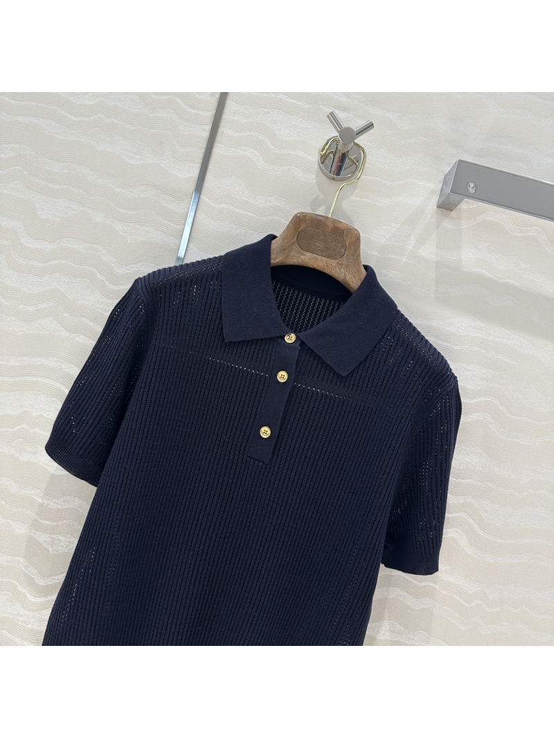 Loro Piana Silk-Cotton Blend Pointelle Knit Polo Shirt in Navy Blue