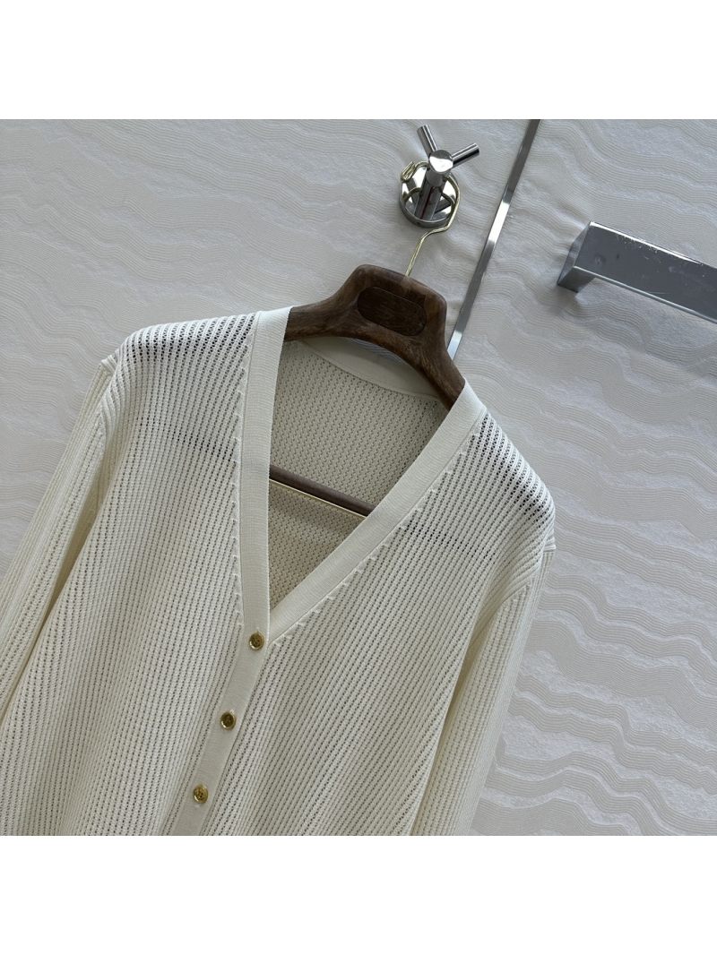 Loro Piana Silk-Cotton Open-Work Knit V-Neck Cardigan in Ivory