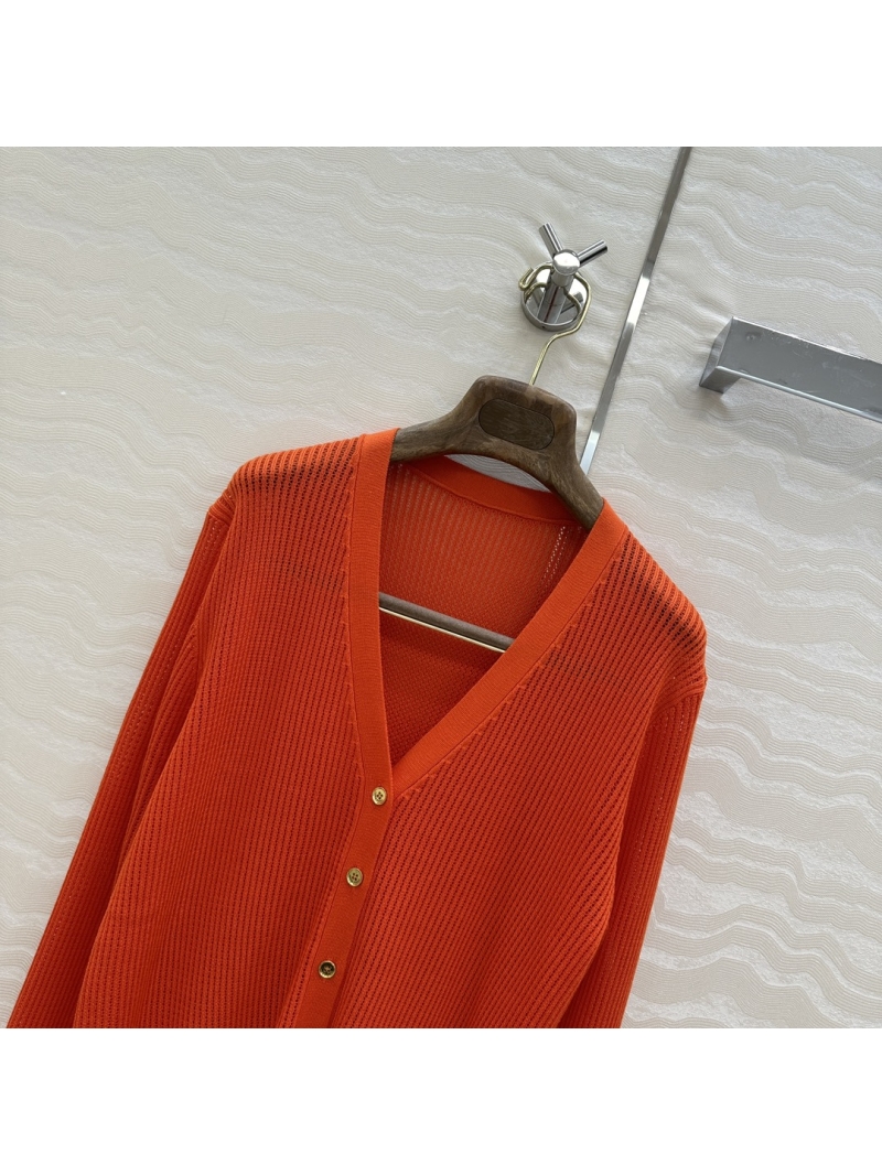 Loro Piana Silk-Cotton Blend V-Neck Pointelle Knit Cardigan in Poppy Orange