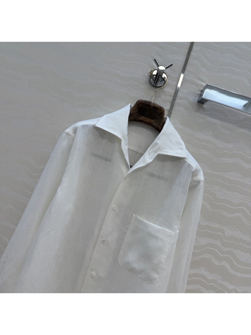 Loro Piana Signature Imported Linen Long-Sleeved Shirt with Leather Accents in White