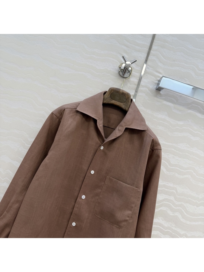 Loro Piana Imported Linen Single-Pocket Shirt in Tobacco Brown