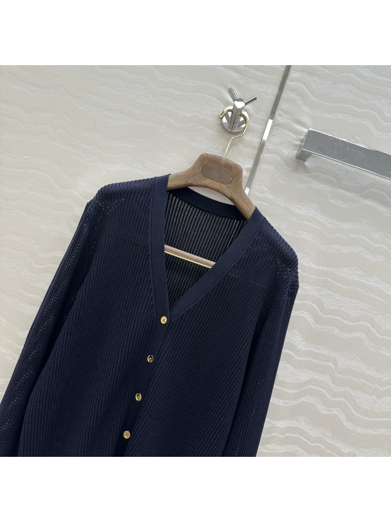 Loro Piana Sumptuous Silk-Cotton Pointelle Knit V-Neck Cardigan in Navy Blue