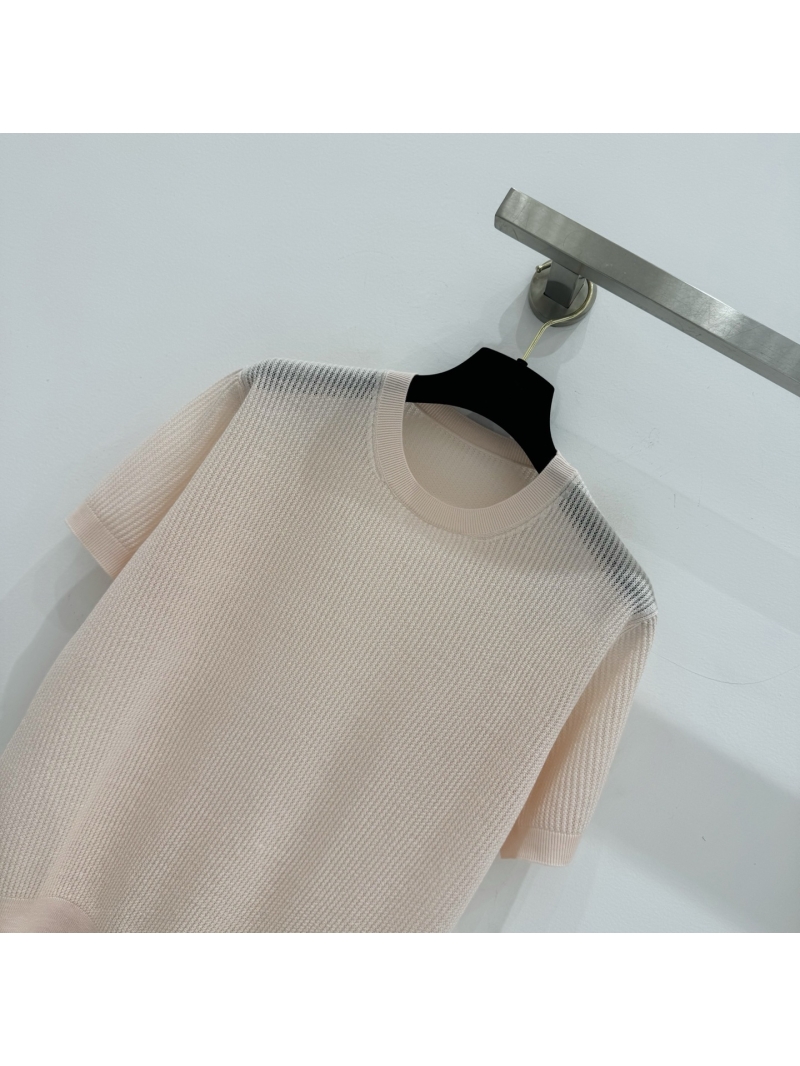 Loro Piana Pale Blush Textured Knit Short-Sleeved Sweater Tee