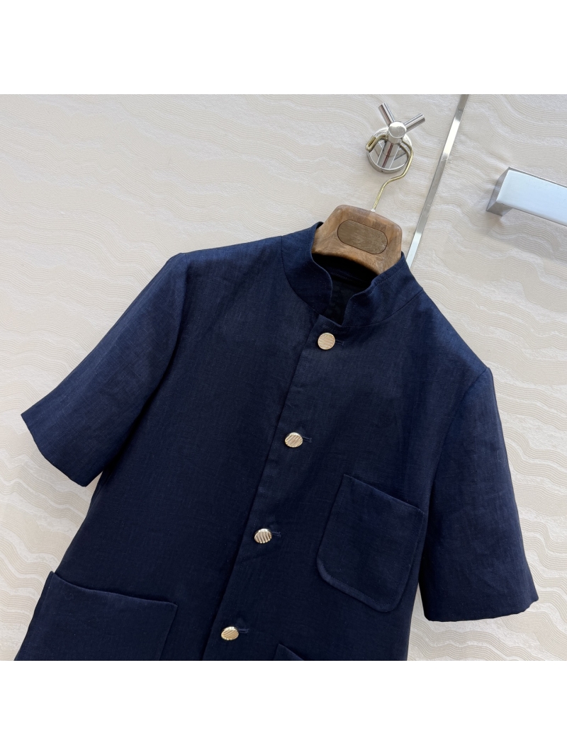 Loro Piana 100% Imported Linen Spagna Mini Stand-Up Collar Jacket in Navy Blue