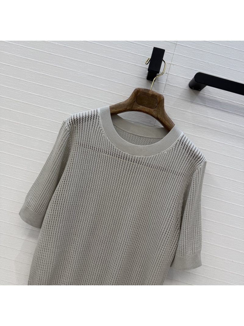 Loro Piana Tencel Cotton Pointelle Knit Short-Sleeved Top in Oatmeal