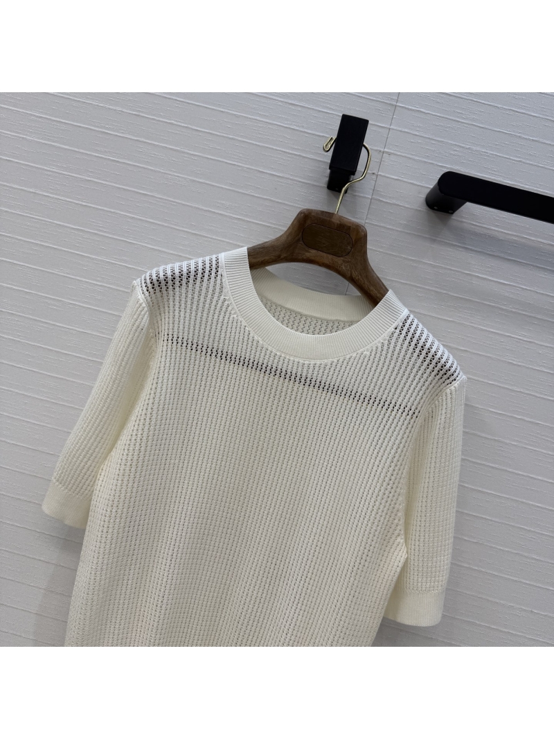 Loro Piana Tencel-Cotton Pointelle Knit Short-Sleeved Top in Cream