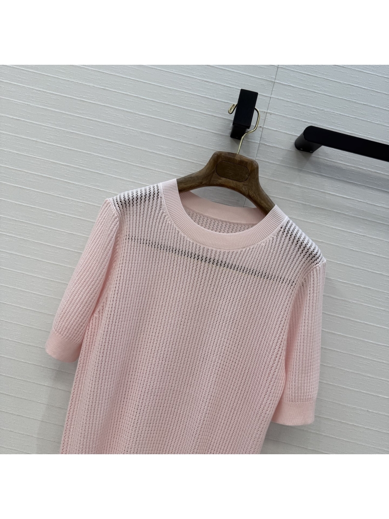 Loro Piana Tencel-Cotton Pointelle Knit Short-Sleeved Top in Soft Pink - High-End Old Money Aesthetic