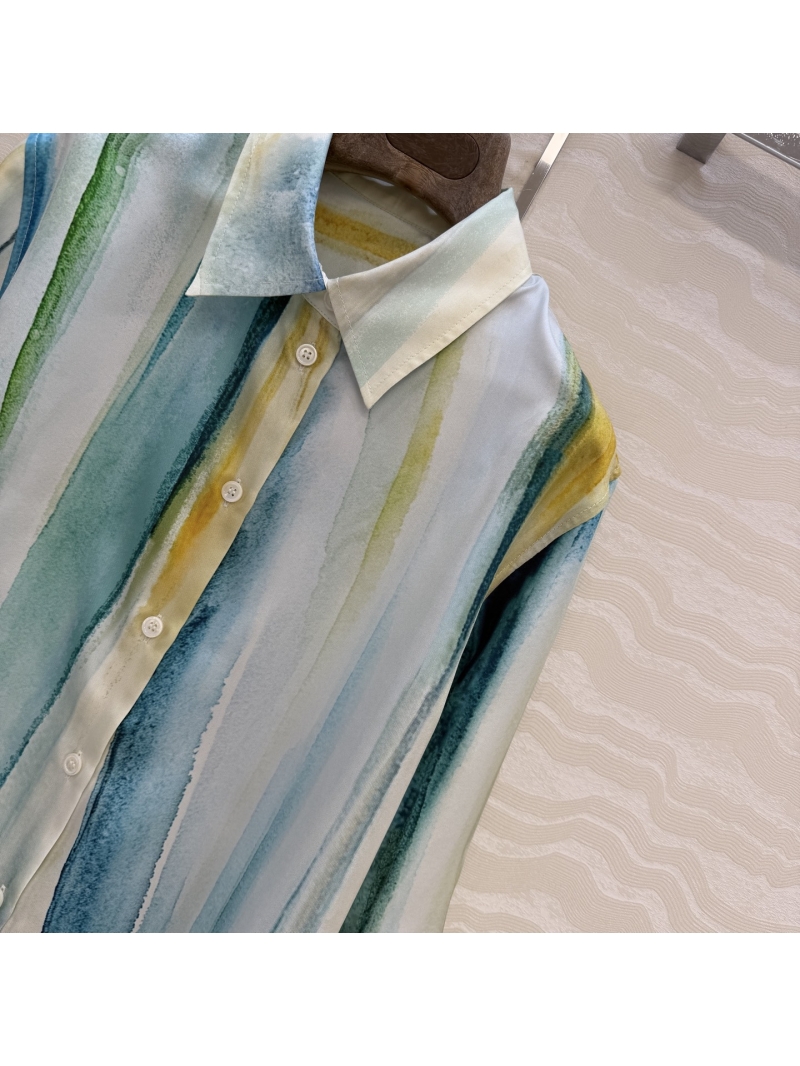 Loro Piana 100% Silk Twill Watercolor Print Shirt in Seafoam and Ivory
