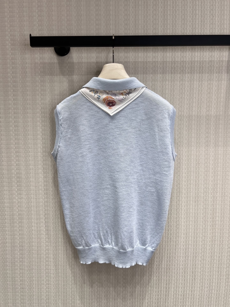 Loro Piana Sleeveless Knitted Polo Vest with Detachable Silk Scarf in Pale Icy Blue