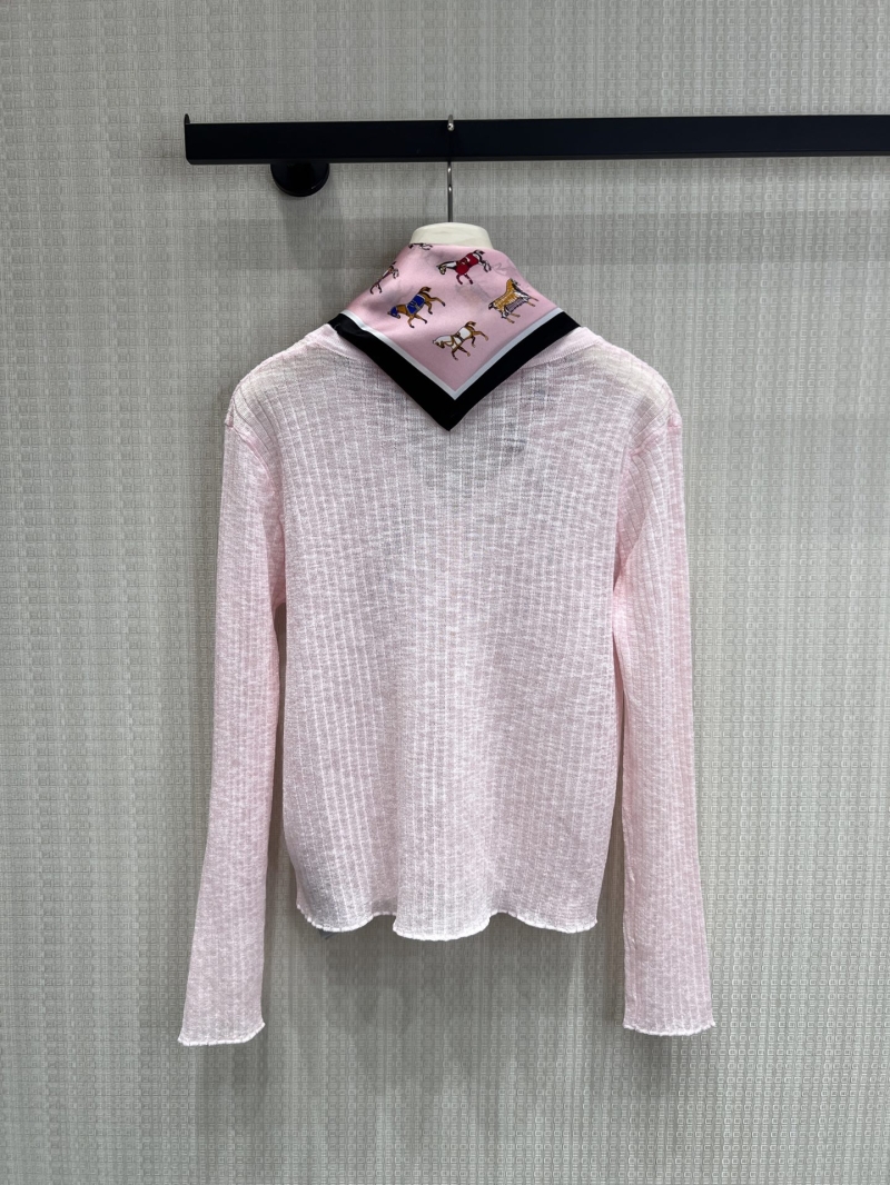 Loro Piana Mist Pink Ribbed Knit Cardigan with Detachable Equestrian Silk Scarf