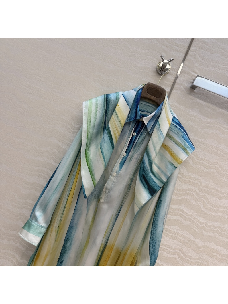 Loro Piana 100% Silk Twill Watercolor Ink-Wash Print Shirt Dress with Matching Scarf