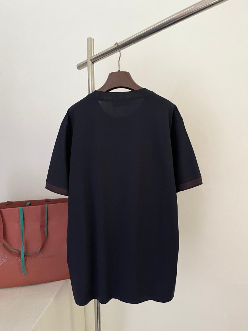 Loro Piana Contrast Trim Cotton Crew-Neck T-Shirt in Dark Navy Blue