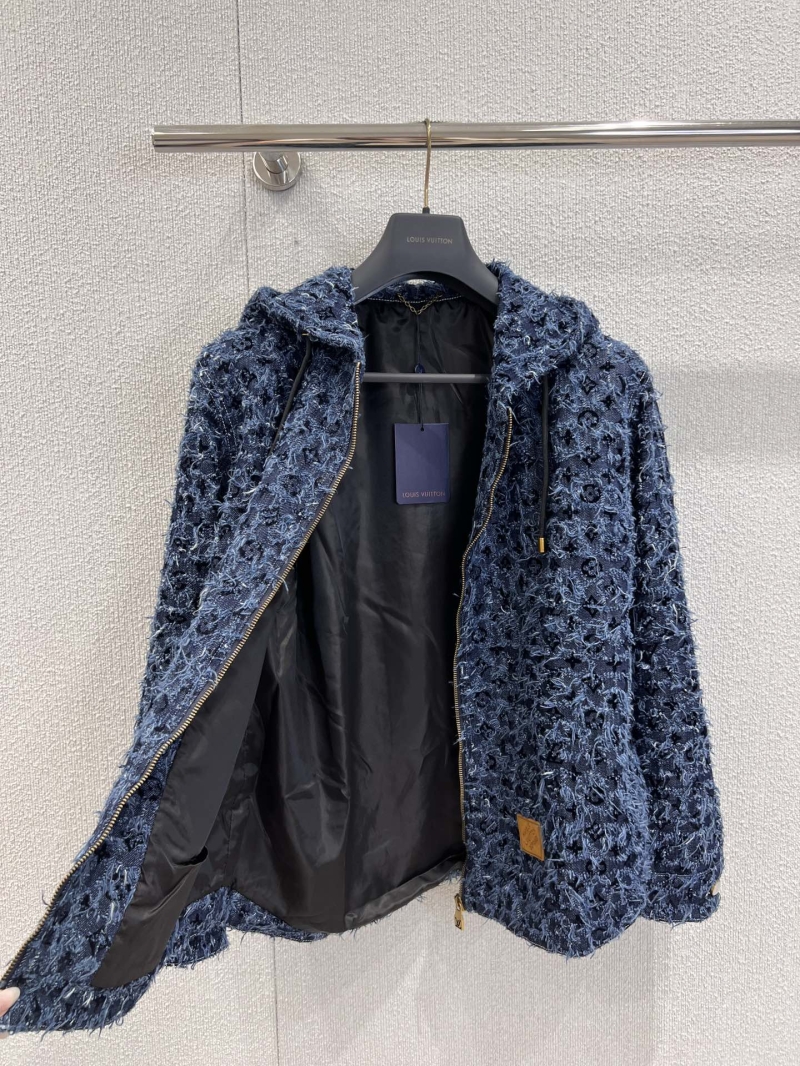 Louis Vuitton Exclusive Hooded Denim Jacket with Fringe and Monogram Flocking - Dark Blue