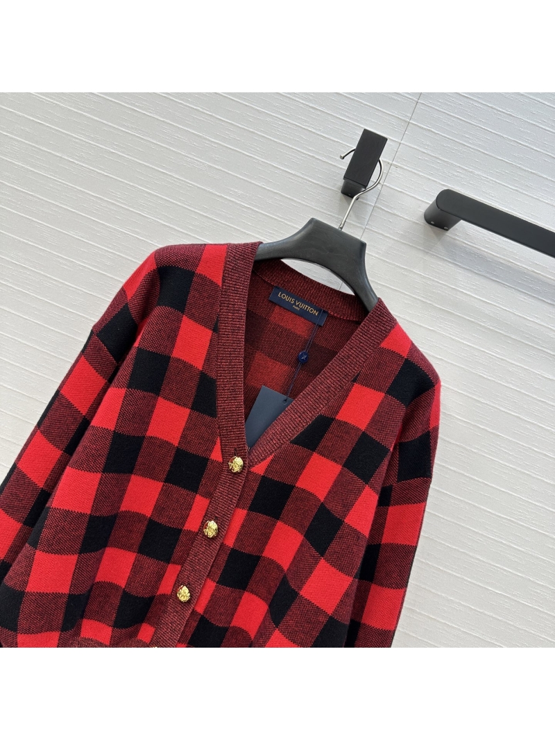 Louis Vuitton Fall/Winter 2025 Retro Red and Black Checkered Knit Cardigan with Metallic Trim and Ribbed Sleeve Detail