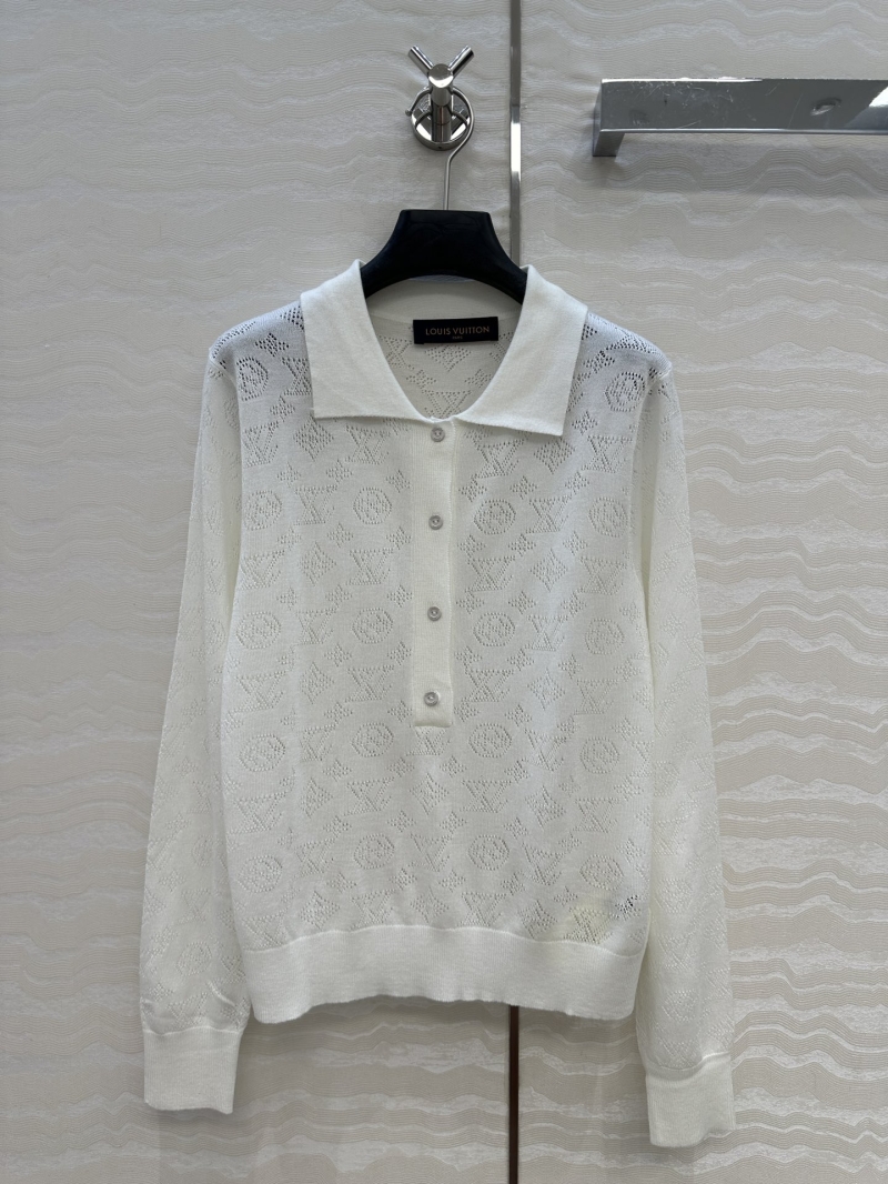 Louis Vuitton LV Monogram Knitted Polo Collar Sweater in White | 100% Wool | Lace-Embroidered Luxury
