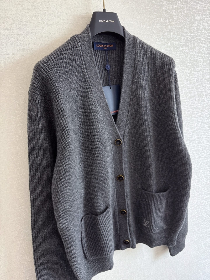 Louis Vuitton New Arrival Anthracite Gray V-Neck Ribbed Knit Cardigan with Embroidered Pocket - Oversized Fit