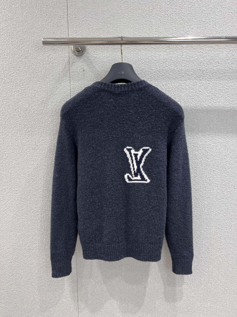Louis Vuitton Men's Wool-Blend Logo Intarsia Knit Sweater | Deep Navy, Relaxed Fit, Dropped Shoulder, Crew Neck