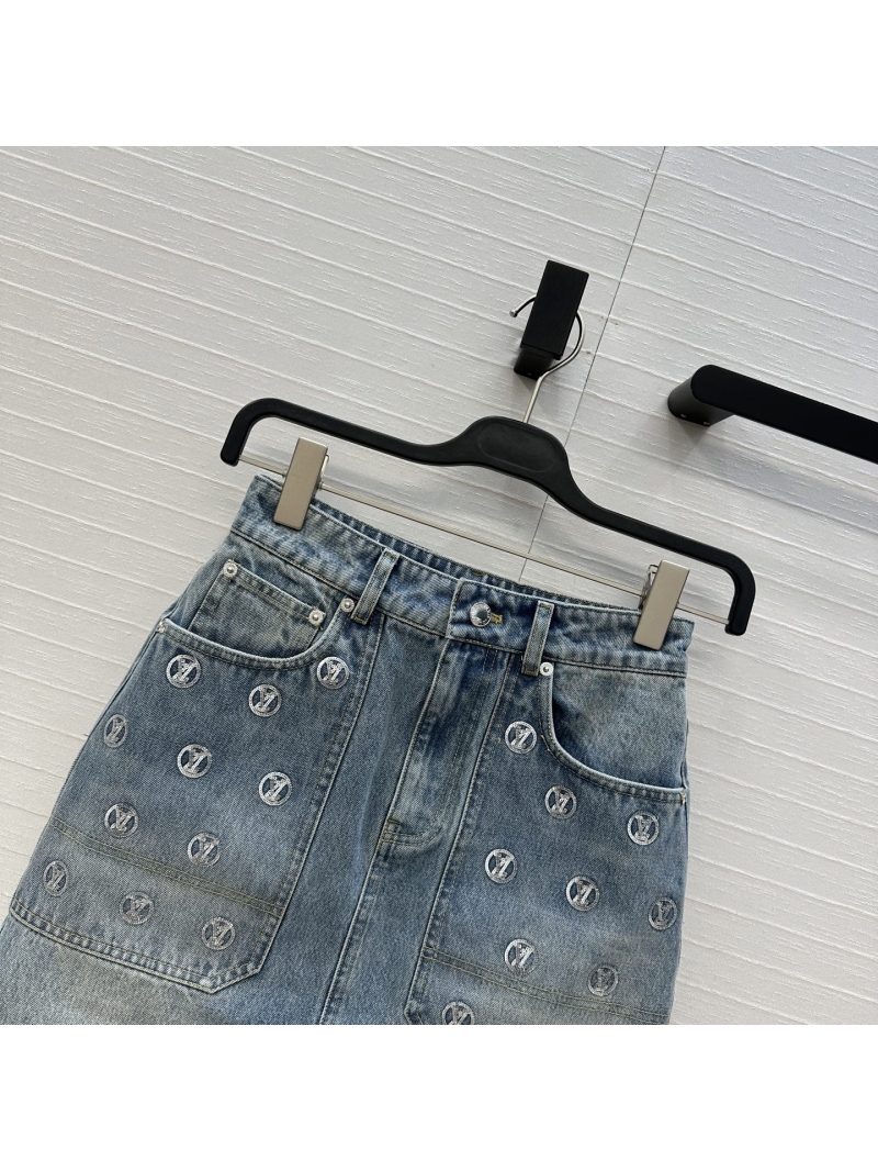 Louis Vuitton Ski Collection Vintage Denim Mini Skirt with Embroidered Monogram Coin Logos and Custom Metal Hardware