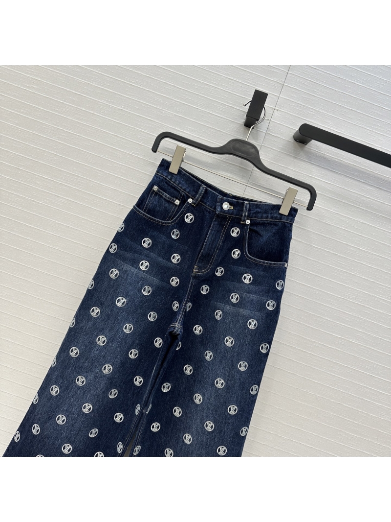 Louis Vuitton Ski Collection Monogram Embroidered Beaded Denim Trousers - Deep Indigo Blue, High-Rise Straight-Leg Jeans, Artisan Craftsmanship, Custom Metal Hardware, Vintage Enzyme Wash