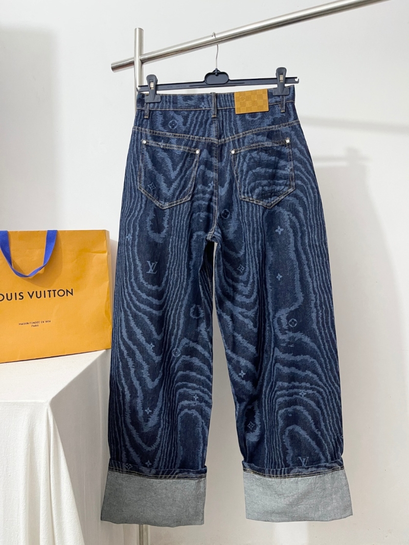 Louis Vuitton Denim Jeans, Indigo Moiré Pattern, Wide-Leg Cropped Fit, Artisan Detailing, Limited Edition Luxury