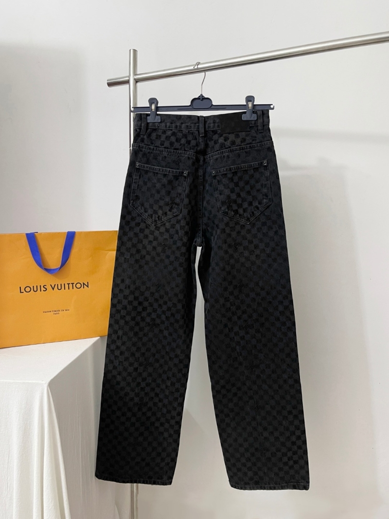 Louis Vuitton Limited Edition Flocked Damier High-Waisted Wide-Leg Jeans in Black - Monogram Checkerboard Pattern, Tailored Fit, Luxury Denim