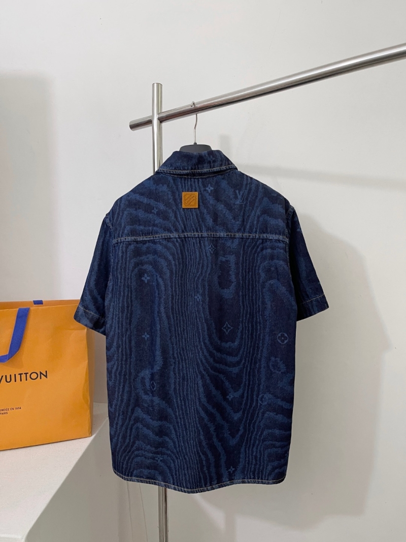 Louis Vuitton Short-Sleeve Denim Shirt in Deep Indigo Blue, Featuring Signature Monogram Print and Contrast Stitching
