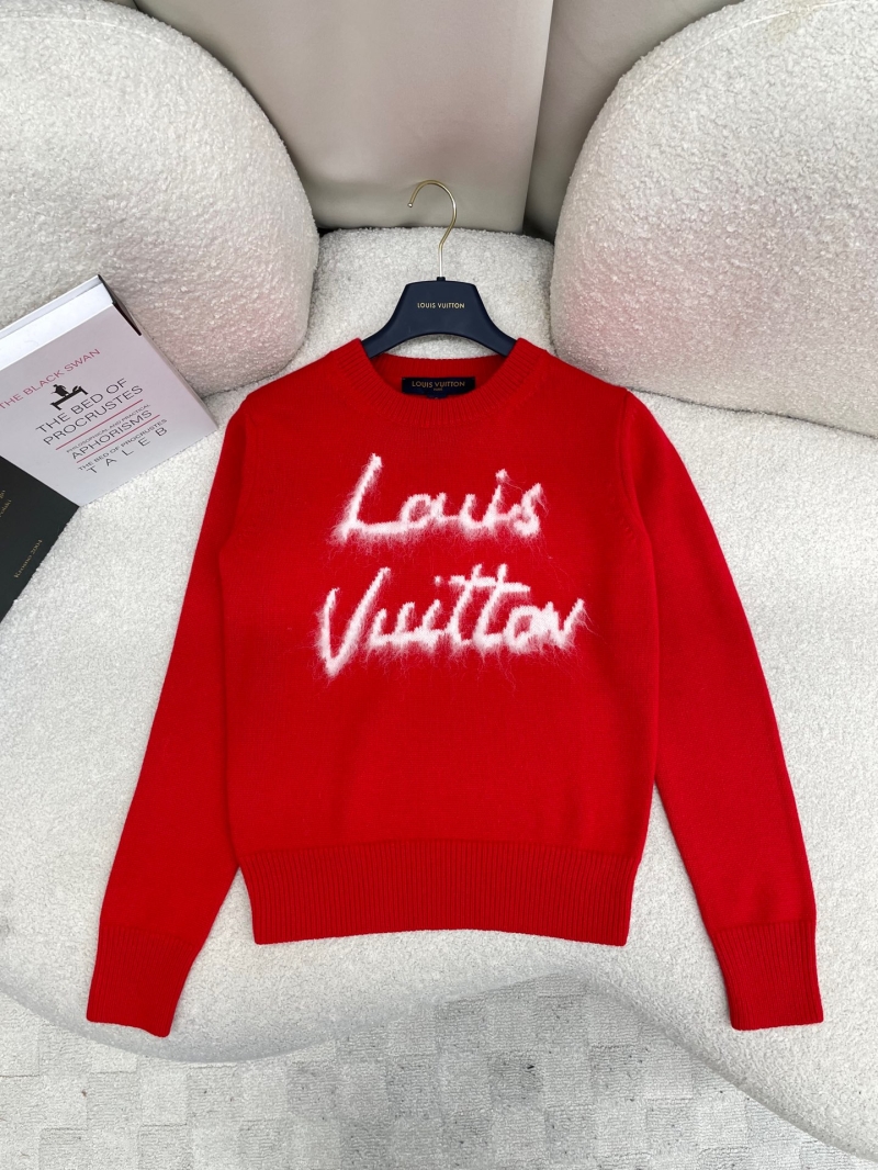 Louis Vuitton Festive Red Cashmere Crewneck Sweater with Textured Signature Logo