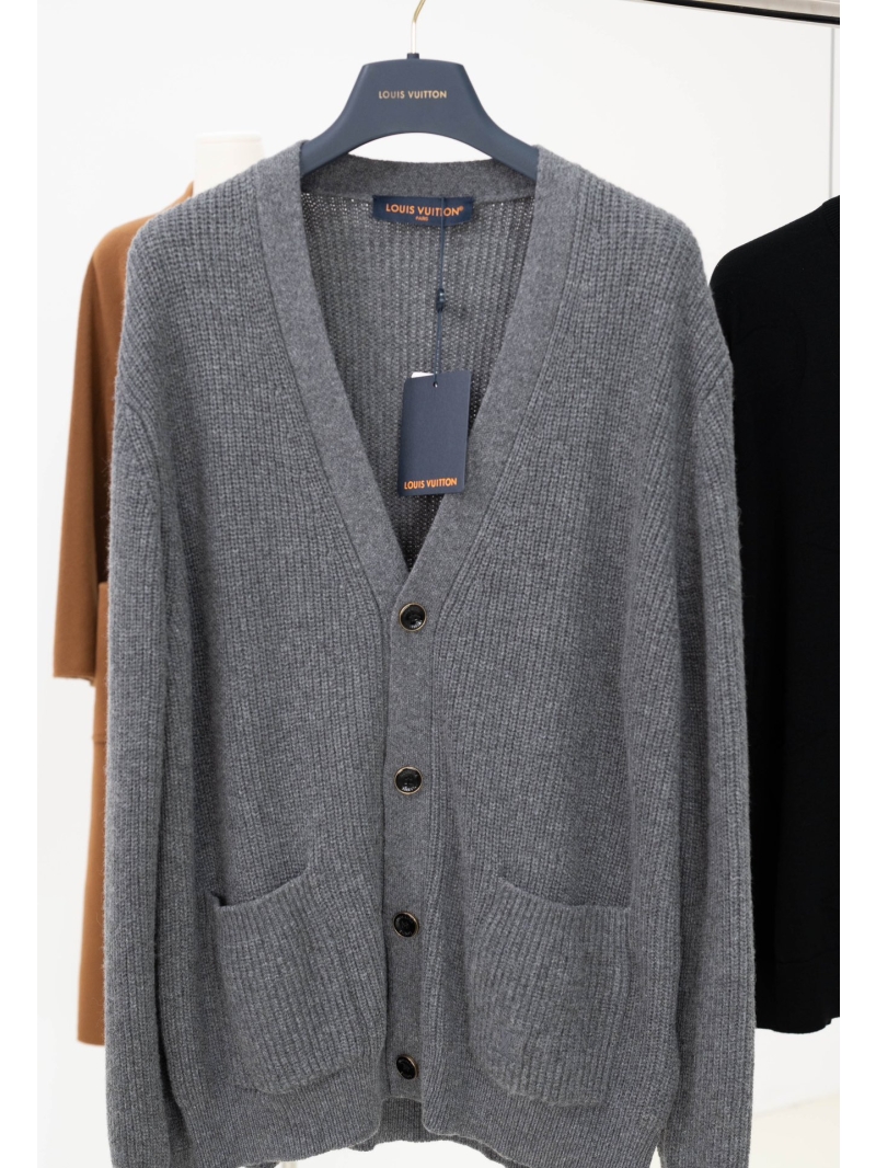 Louis Vuitton Embroidered Cashmere V-Neck Ribbed Cardigan in Charcoal Gray