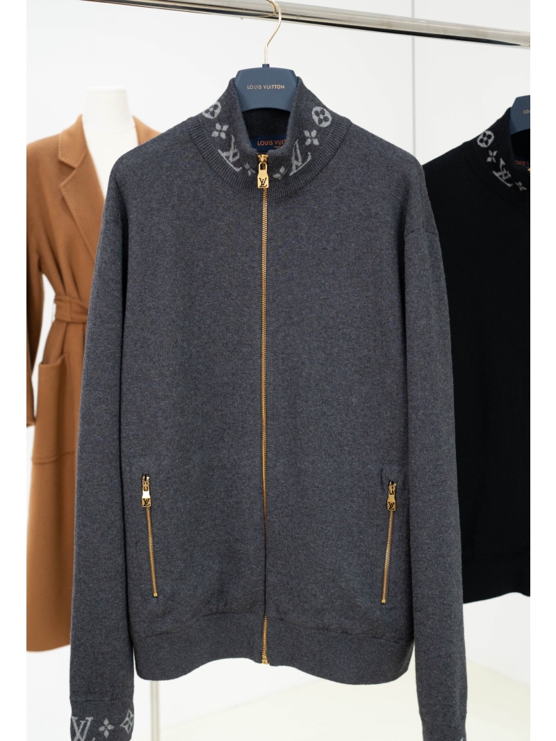 Louis Vuitton Monogram Detail Knit Zip-Up Jacket in Charcoal Gray - 50% Wool Blend