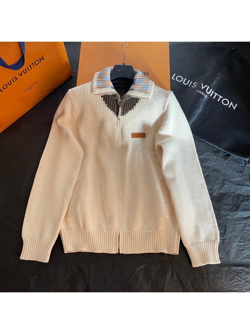 Louis Vuitton LV Limited Edition Contrast V-Panel Pearl Zipper Knitted Cardigan - Cream/Espresso